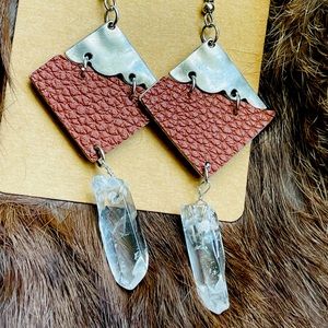 Quartz Dangles Hand made - Brown leather & Clear Quartz dangles - hypoallergenic